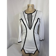 White & Black Contrast Bodycon Mini Dress Mesh Detail Long Sleeve Clubwear