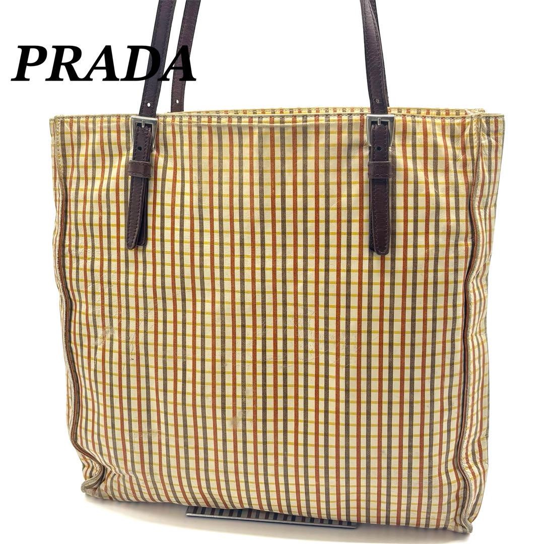 Prada Check Pattern Leather Tote Crossbody Bag Women Fashion Designer Handbag
