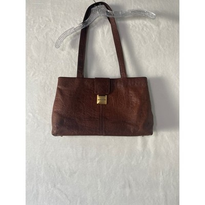 Vtg Pierre Cardin Brown Textured Leather Shoulder Bag Gold Logo Hardware 1970's