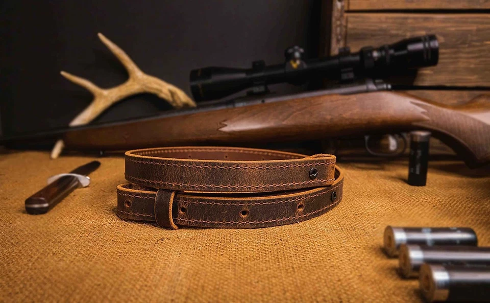 Buffalo Leather Rifle Gun Sling_Crazy Horse/Brown_Amish Handmade_1" Wide BK - Image 2 of 4
