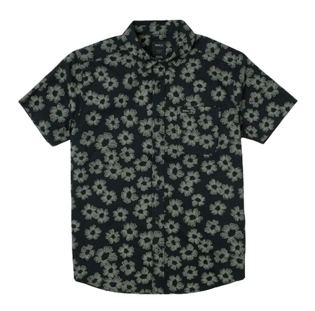 RVCA Men's Slim Fit That'll Do Print Short Sleeve Woven Black Floral Shirt Large