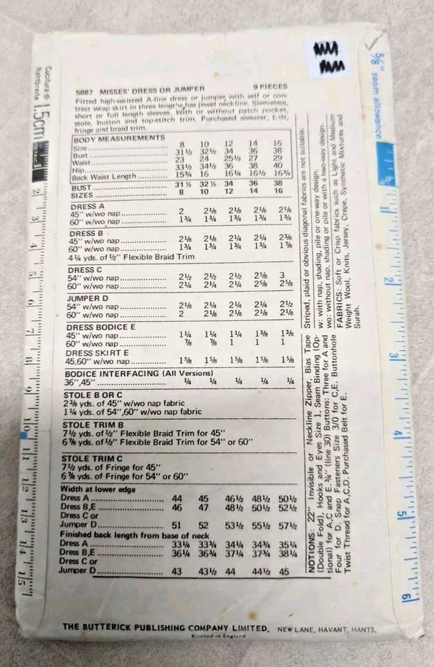 Vintage 1960s Butterick 5887 Pinafore/Dress Sewing Pattern B34" 87cm - Image 3 of 3