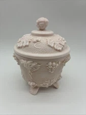 Vtg Jeanette Shell Pink Milk Glass Footed Candy Dish w/ Lid Grapes & Leaves 6”