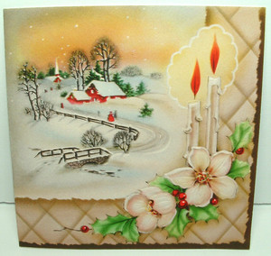 Winter Scene, Candles - 1940's Vintage Christmas Greeting Card