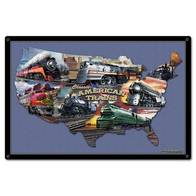 CLASSIC AMERICAN TRAINS COLLAGE MAP 24 x 16 Satin Metal Sign