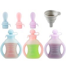PandaEar 3 Pack Reusable Silicone Baby Food Pouches with 3 Blue Pink Purple