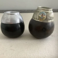 Vintage Pair of Yerba Mate Carved Gourd Cup Hand Made Alpaca Silver & Aluminum
