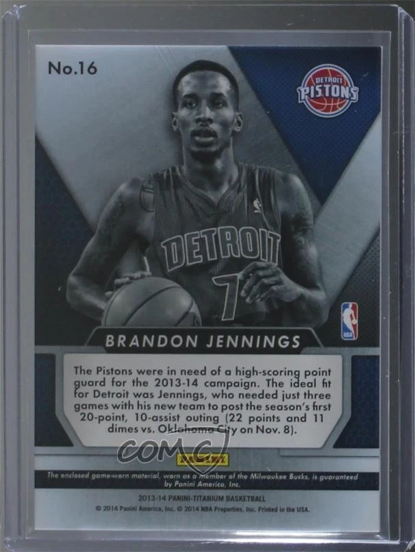 2013-14 Panini Titanium Double-Double Jerseys /279 Brandon Jennings #16 - Image 2 of 2