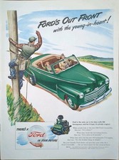 1946 Vintage Ford Automobile Ad. Utility On Telephone Pole And Gree Convertible 1946 Vintage Ford Automobile Ad. Utility On Telephone Pole And Gree Convertible