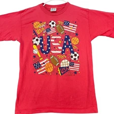 Vintage 1996 USA Sports Graphic T-Shirt Patriotic Red Large MIS TEE V-US