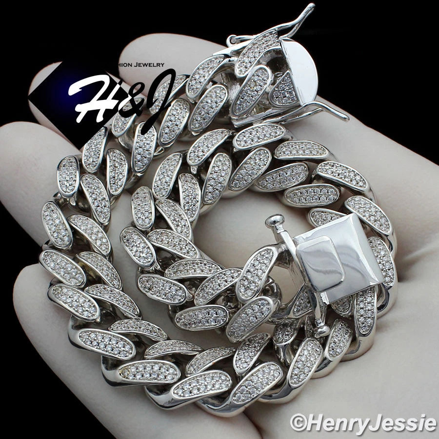 COLLAR MIAMI CUBAN BORDILLO 18"-30" CHAPADO EN ORO BLANCO 14K ICY BLING CZ 12MM*BN1 Foto 2 de 4