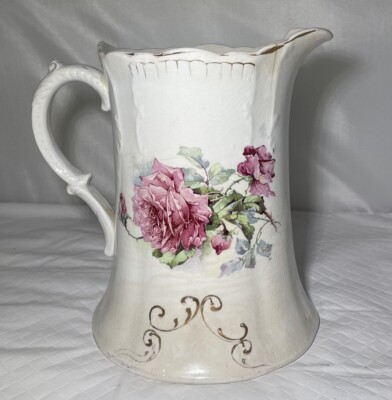 Vintage N.C.C. E.L.O Ceramic Porcelain Pitcher Vase Rose Pink Flowers Gold Trim