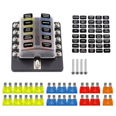 10-Way Blade Fuse Box Block Holder LED Indicator w/ Fuses for 12V 24V Car Marine