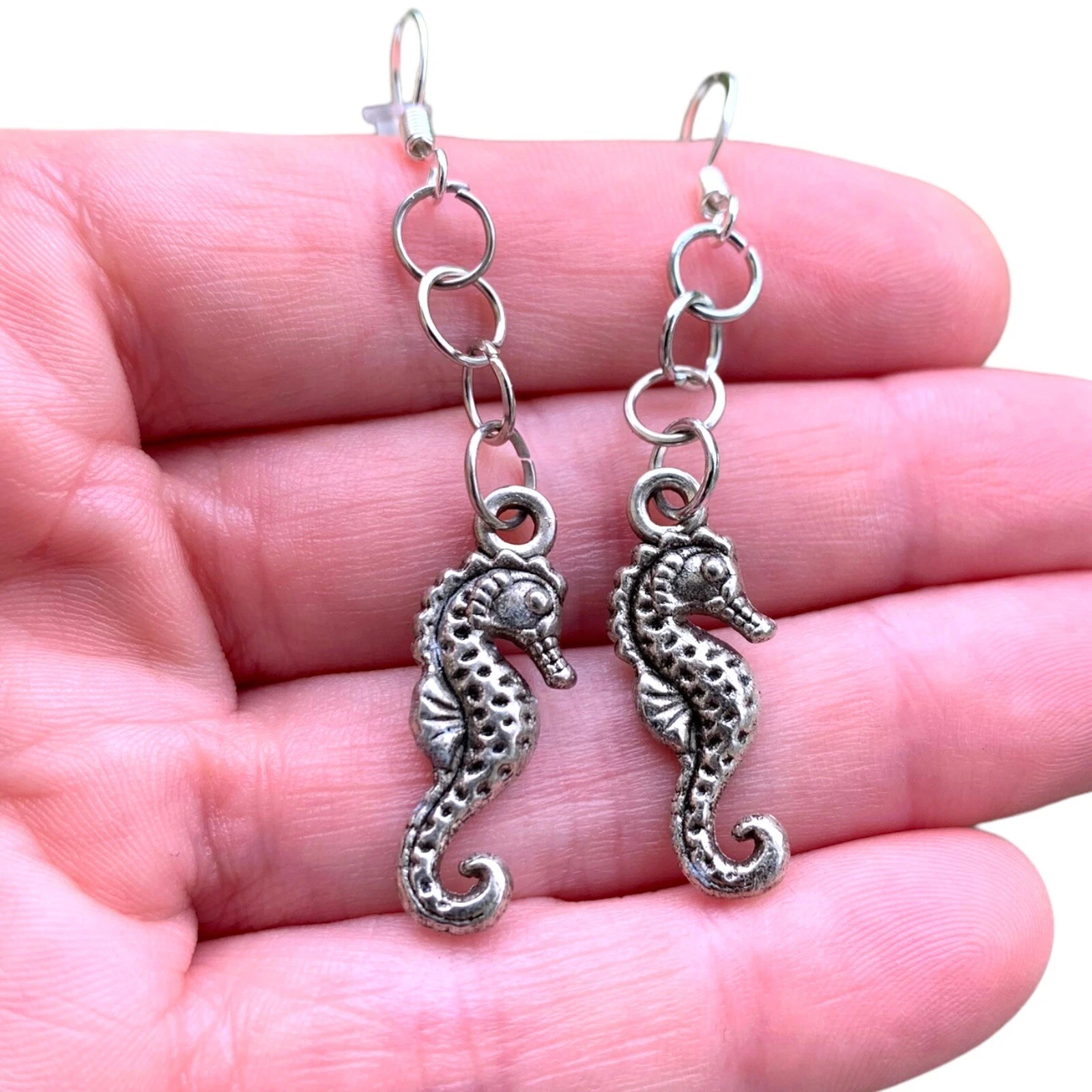 Spotted Seahorse Dangle Earrings Pewter Beach Jewelry 925 Sterling Hooks
