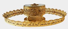 Vintage Vanity Mirrored Tray N Gold Filigree Trinket Jewelry Box Hinged Glass