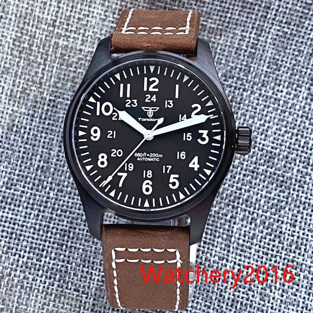 Tandorio Pilot 39mm Black PVD Case Japan NH35 200M Luminous Diving Watch Mens