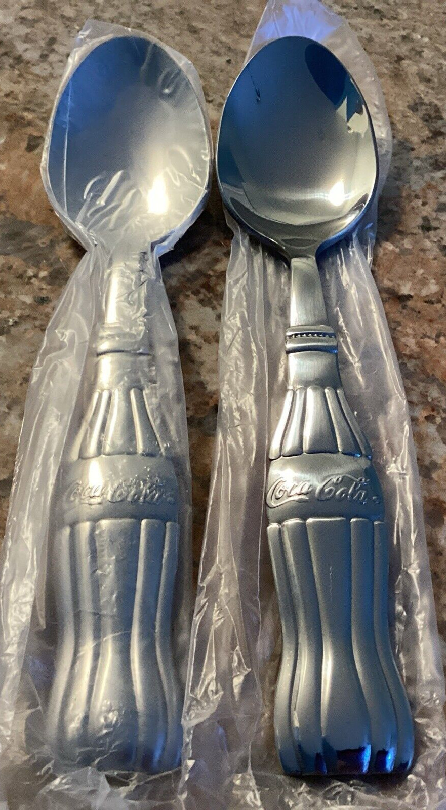 Gibson COKE Bottle Handle 2 Lrg Soup Spoons Unused Coca-Cola Stainless Flatware