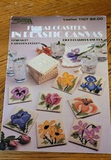 8 Floral Coasters In Plastic Canvas  Box Leisure Arts Leaflet Vtg 1987 1107