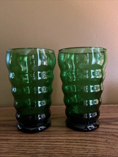 2 Vintage MCM Anchor Hocking Green Glass Whirly Twirly 5” Tumblers