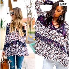 Free People Floral Boho V-neck Isabelle Raw Asymmetrical Hem Swing Tunic Top, XS