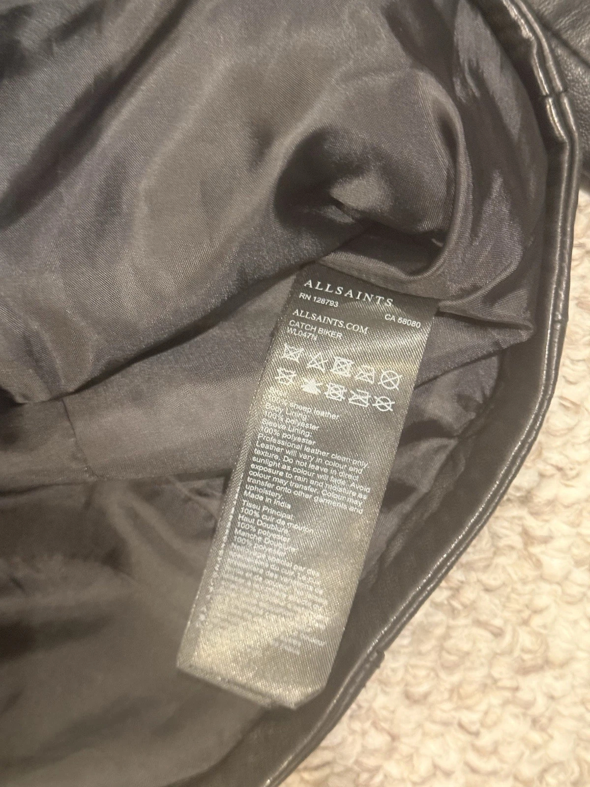 AllSaints Catch Biker Men's Leather Jacket Black SIZE 0 Slim Full Zip Moto Short - product detail image 5