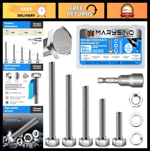 85Pcs Stainless Steel 3/8" Bolts & Nuts Assortment Kit with Washers & Drill Bit - product listing photo