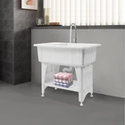 Utility Sink Laundry Tub Freestanding Laundry Sink With Drainboard+Faucet White