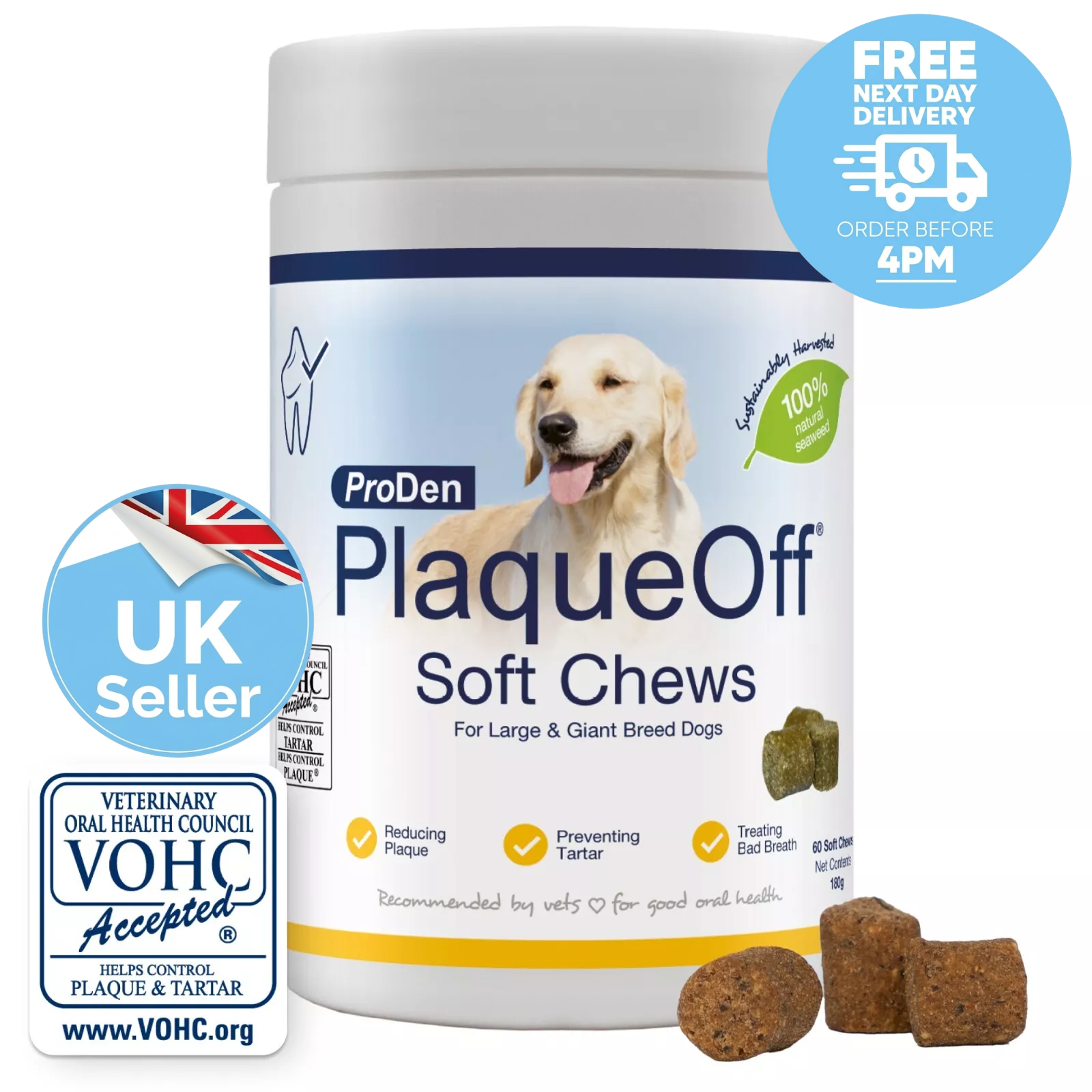 Dental PlaqueOff Soft Chews for Large Dogs Removes Plaque Tartar and Bad Breath