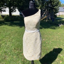 Morilee Mini Dress One Shoulder Butter Yellow Lace Belt 8 Button Back Formal Y2K