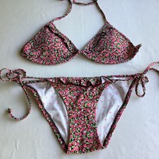 Y2K Victoria's Secret PINK String Bikini Set Sz S, Pink and Black Floral Vintage