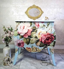 Handmade Pastel Blue Bombe Chest & Side Table with White Striped Sides, Roses