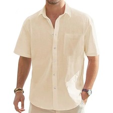 Men's Solid Color Cotton Linen Short Sleeve Shirts Vacation Beach Summer Gift