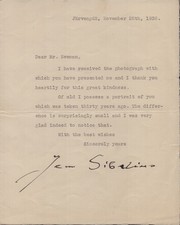 JEAN SIBELIUS - TYPED LETTER SIGNED 11/28/1938