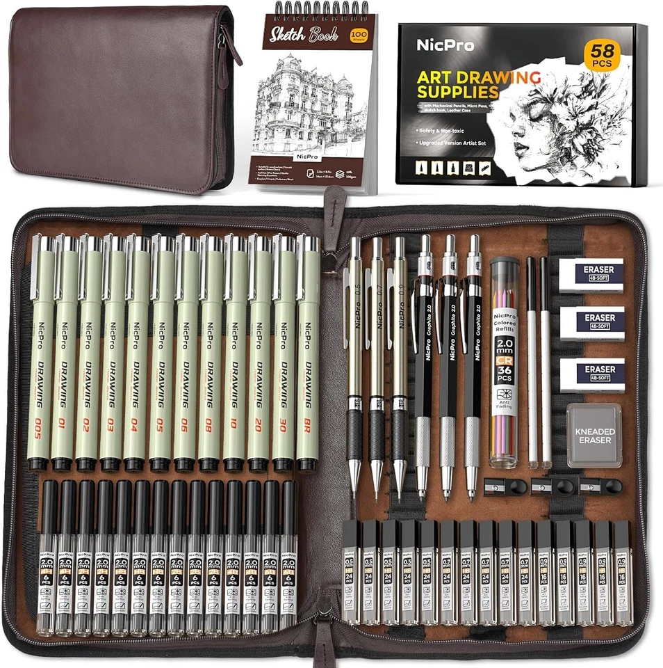 58-Piece Premium Art Drawing Supplies Kit with Leather Case & Mechanical Pencils - Image 3 of 4