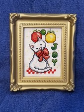 Finished and Framed, "JOY" Xmas Kitty Cross Stitch Wall Hanging, Made in the USA