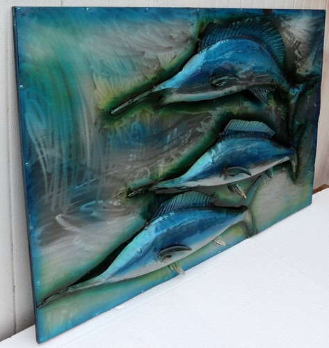 Quadro dipinto in metallo a rilievo con Marlin pesci cm 120x80 azzurro - Picture 5 of 6