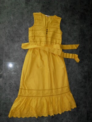 Esprit Damen Maxi Kleid 100% Baumwolle Stickereien Und Spitze Gr.38 Gelb
