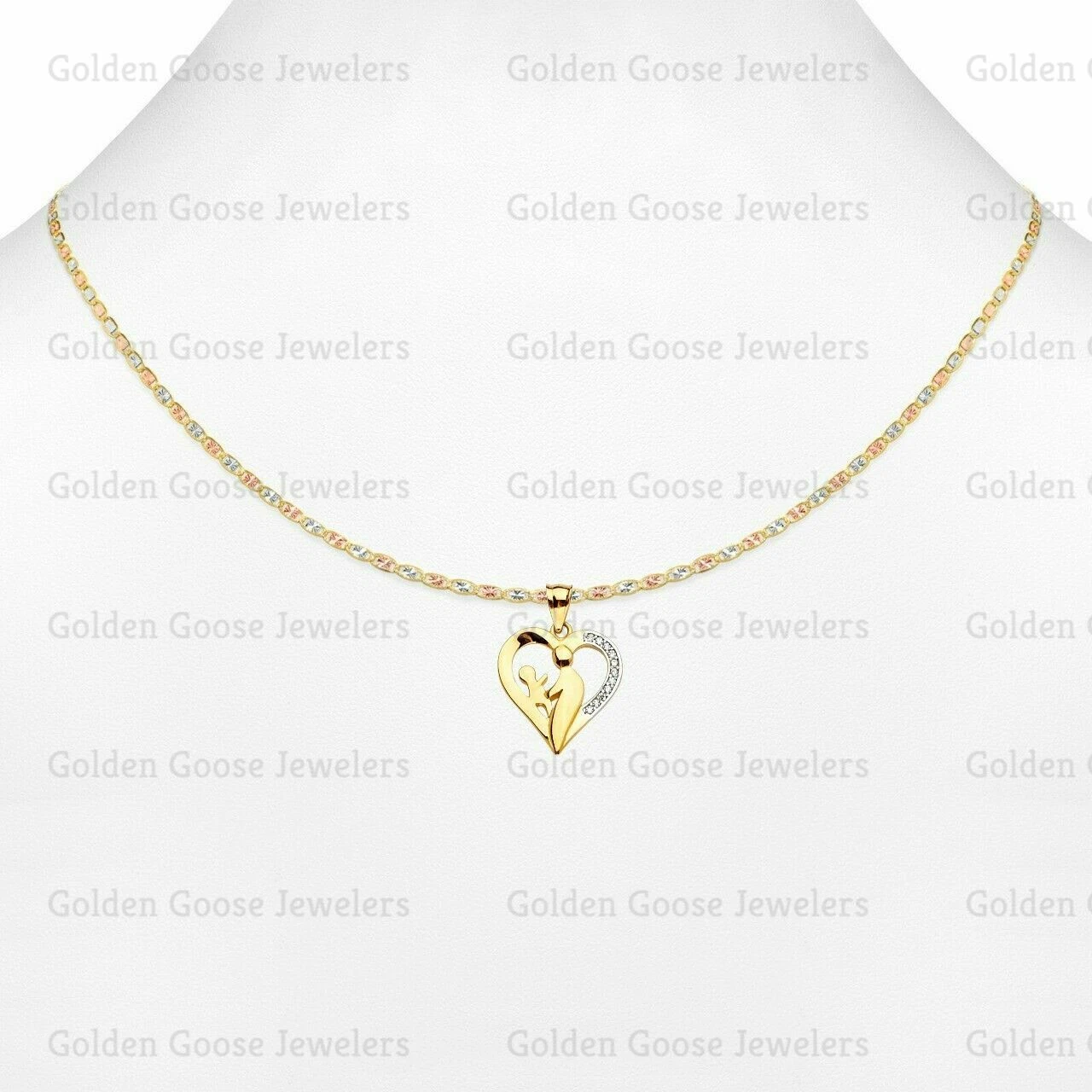 Ciondolo vero oro giallo 14 kt zirconi mamma e bambino catena Valentino 20'