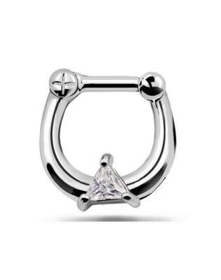 316L Surgical Steel Rhodium Plated Septum Clicker Nose Ring Triangle CZ 14G 16G