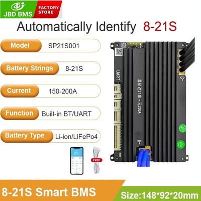 6S-21S 48V 150-200A Li-ion/LiFePo4 Battery JBD Smart BMS Same Port w/ Bluetooth