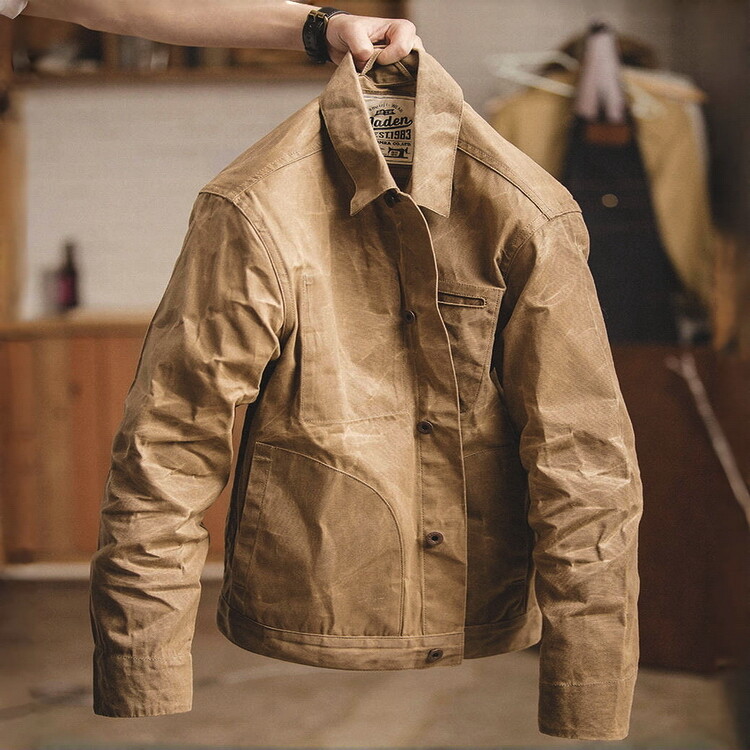 Mens Vintage Style Waxed Cotton Canvas Stiff Jacket Outdoor American Casual
