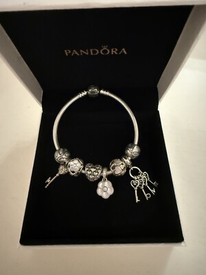 Pandora Bracelet With 8 Silver And Pearl Pieces Floral Heart Charm