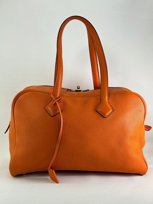 Auth Hermes Victoria II Orange Fire Taurillon Clemence Leather Tote Hand Bag