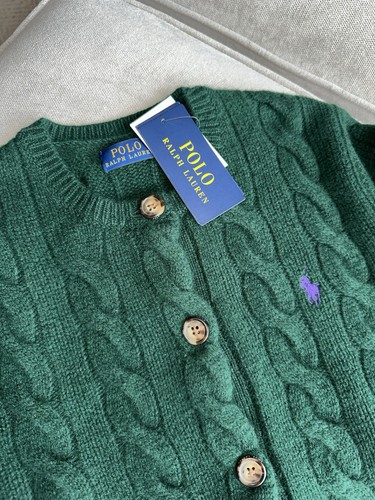 Polo Ralph Lauren Cable-Knit Wool Crewneck Cardigan Green XL - Picture 4 of 6