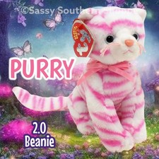 🩷 PURRY 🩷 2008 Ty Beanie Babies 2.0 Pink & White Tabby CAT Baby *MWMT*