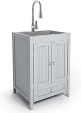 24-Inch Laundry Stainless Steel Sink with Cabinet / Pull-Out Sprayer Faucet Gray