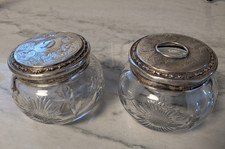Pair Victorian Crystal Powder Dresser Jar w/ Hair receiver Sterling Silver Lids