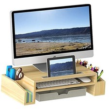 SimpleHouseware Desk Monitor Stand Riser with Adjustable Organizer Tray Oak