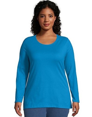 Long Sleeve Blouse Tee Scoop Neck 100% Cotton Womens Just My Size Deep Dive Plus