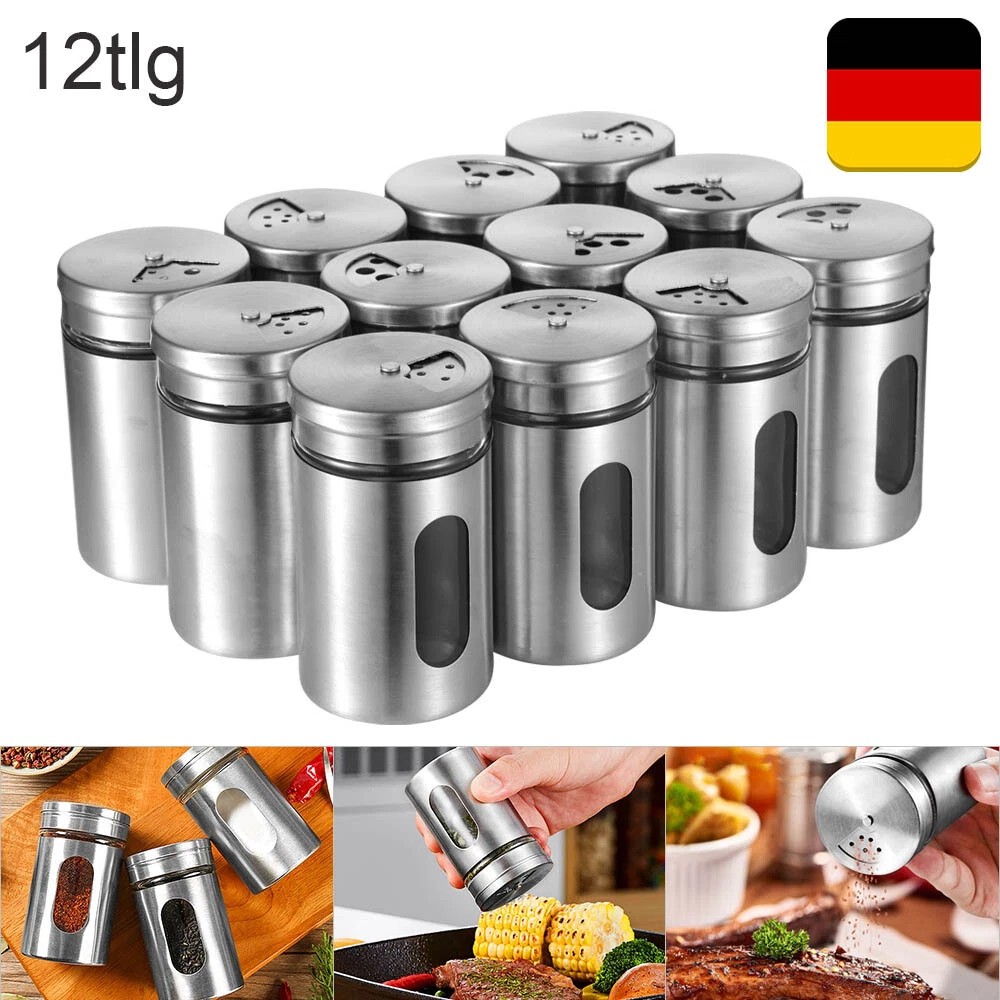 12 Gewürzstreuer Edelstahl Pfeffer Salz Gläser Gewürz Streuer Dosen Glas Box
